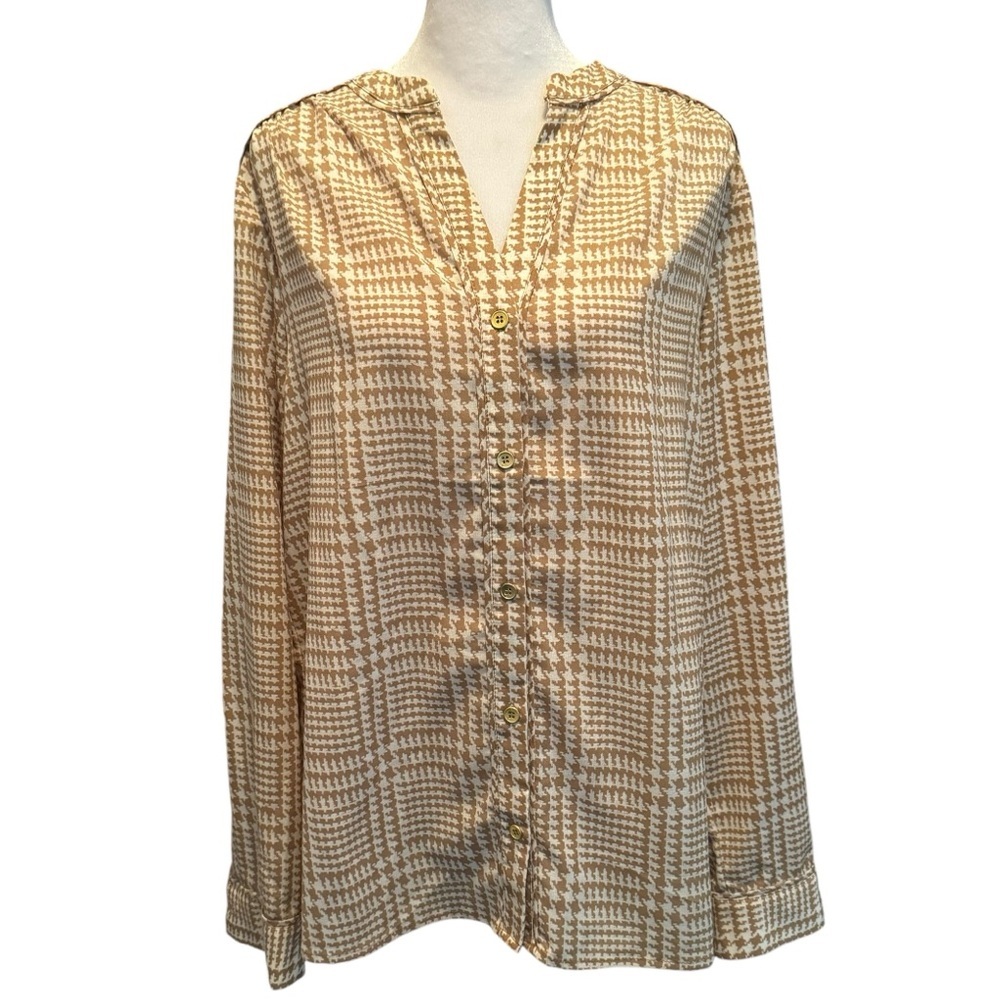 Jones New York Blouse Womens 10 Long Sleeve V Neck Button Up Houndstooth Brown​